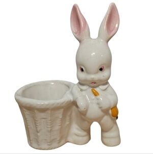 VTG Mid Century Ceramic Anthropomorphic White Easter Bunny With Planter Basket